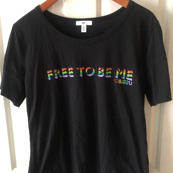 bp Tops - BP Free To Be Me Printed Rainbow Pride T-Shirt Short Sleeve Black Size Medium